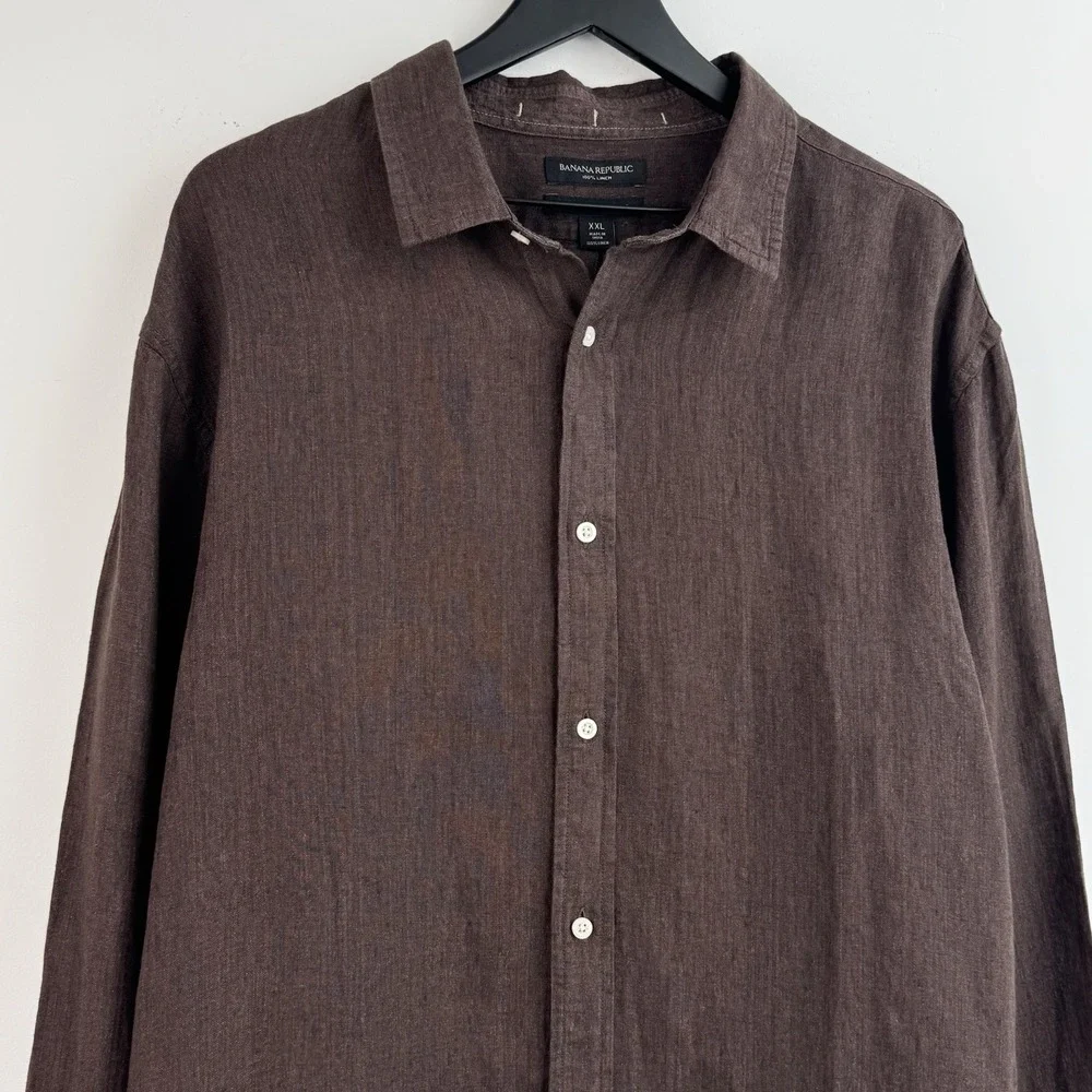 Banana Republic Linen Button Up Shirt Mens XXL Brown Untucked Fit Long Sleeve
